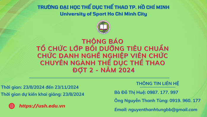 Thông báo tổ chức lớp Bồi dưỡng tiêu chuẩn chức danh nghề nghiệp viên chức chuyên ngành Thể dục thể thao đợt 2 - năm 2024