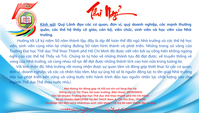 Thư ngỏ Chào mừng kỷ niệm 50 năm thành lập Trường Đại học Thể dục thể thao TP.HCM