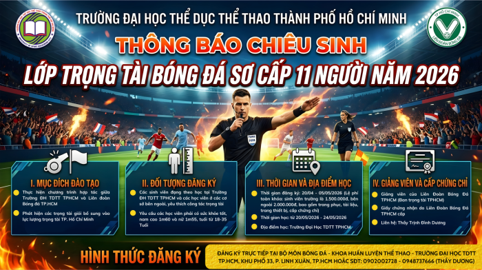 Thông báo tuyển sinh khóa đào tạo sơ cấp trọng tài bóng đá quốc gia năm 2026